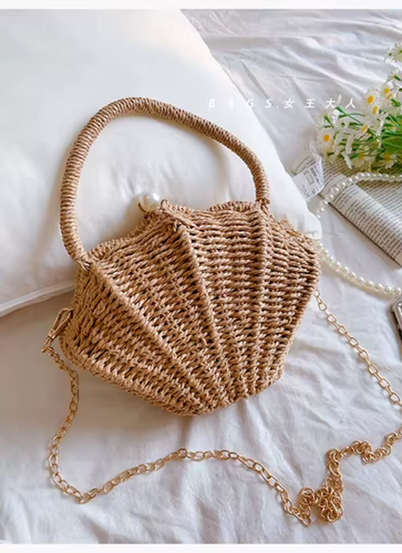 Shell Rattan Straw Woven Diagonal Cross Small Bag, Cute Fairy Change, Mobile Phone, Fashionable Woven Beach Bag