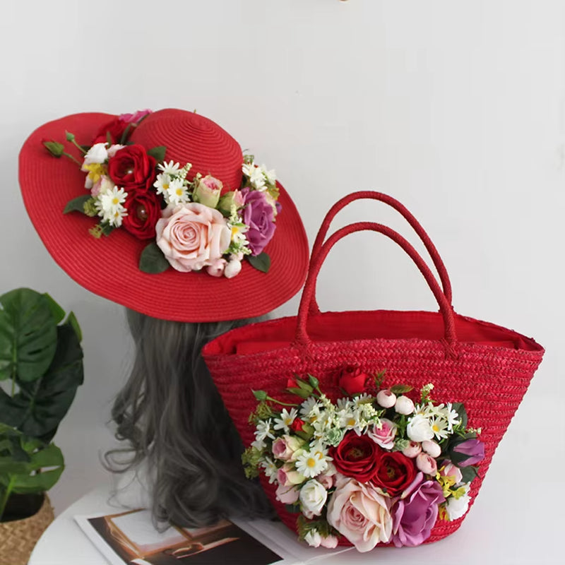 Red Rattan Flower Beach Bag Women Fashion Straw Summer Tote Multicolor Artificial Rose Lily Attached Handbag Hat Suit Vacation