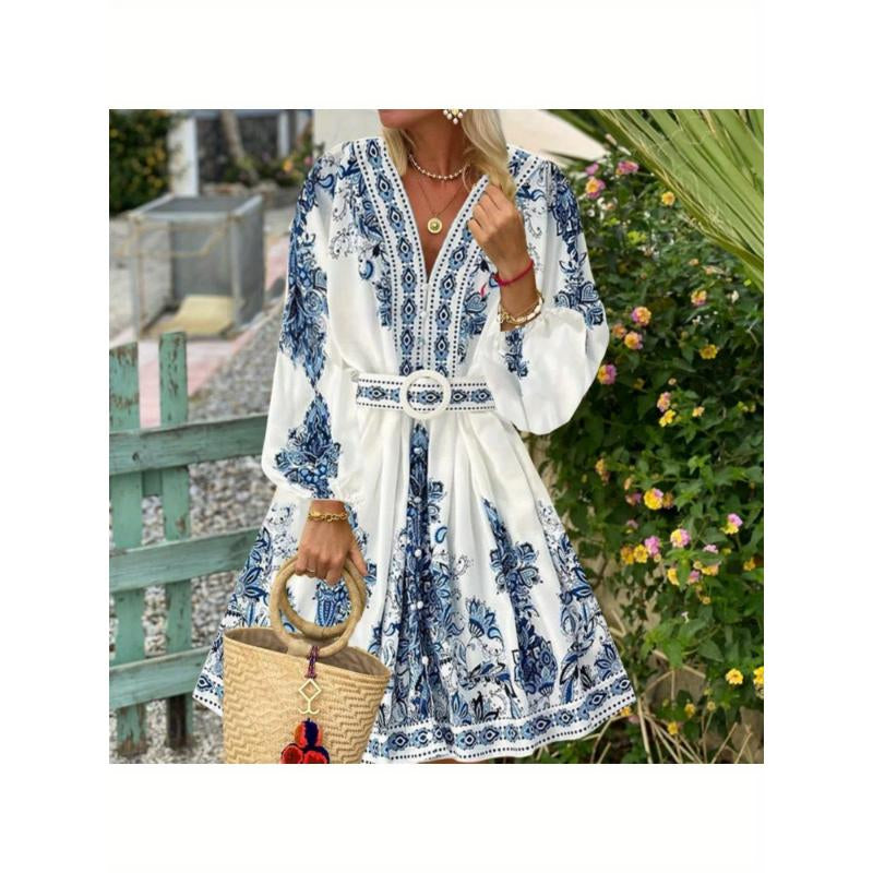 Women'S Fashion V-Neck Long Sleeve Bohemian Print Dress, Comfortable and Elegant, Perfect for Various Occasions, Showcasing Unique Charm