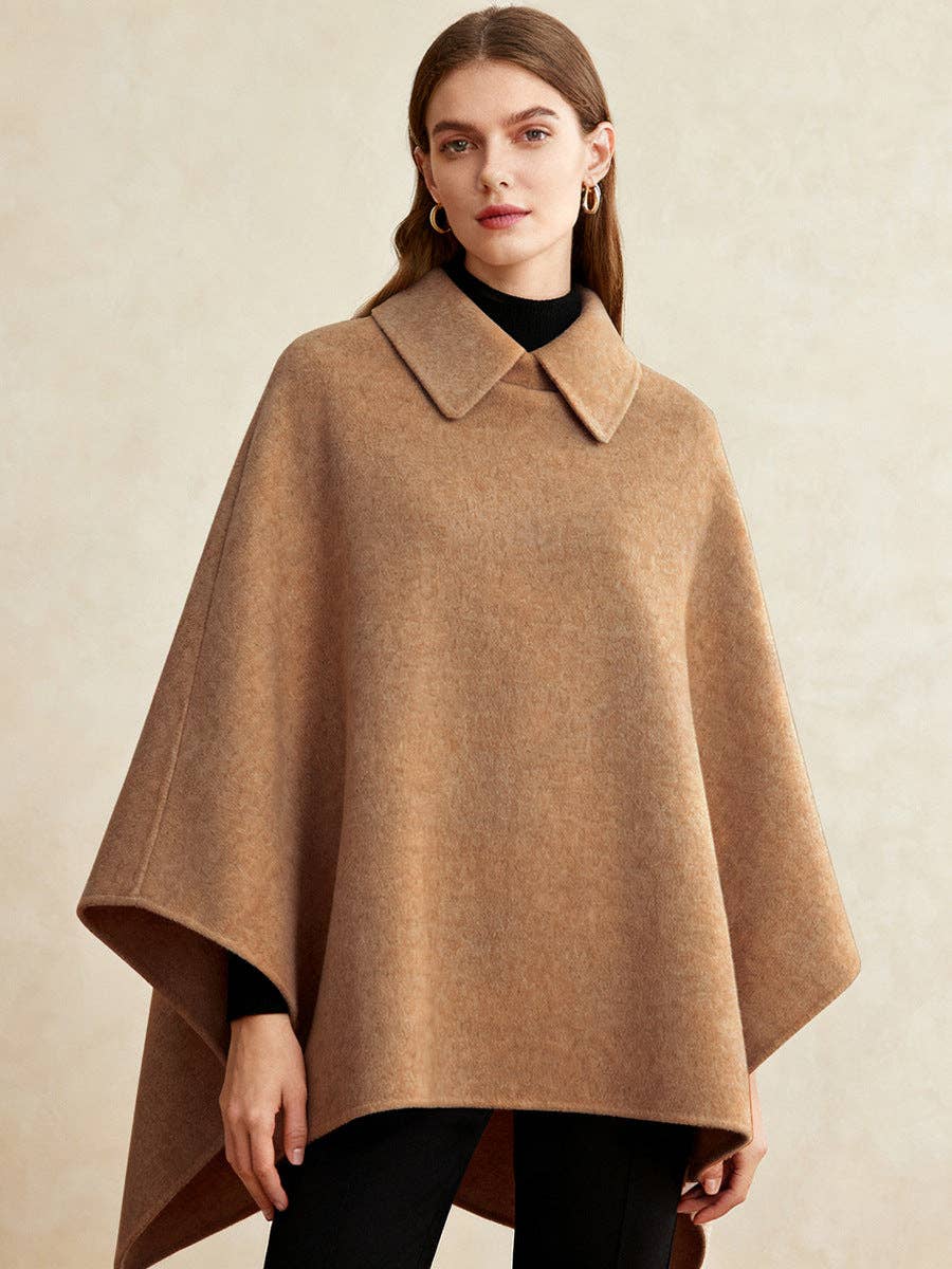 Suhkasana - Women's Collared Wool Blend Cape Sleeveless Winter Poncho: Black / S