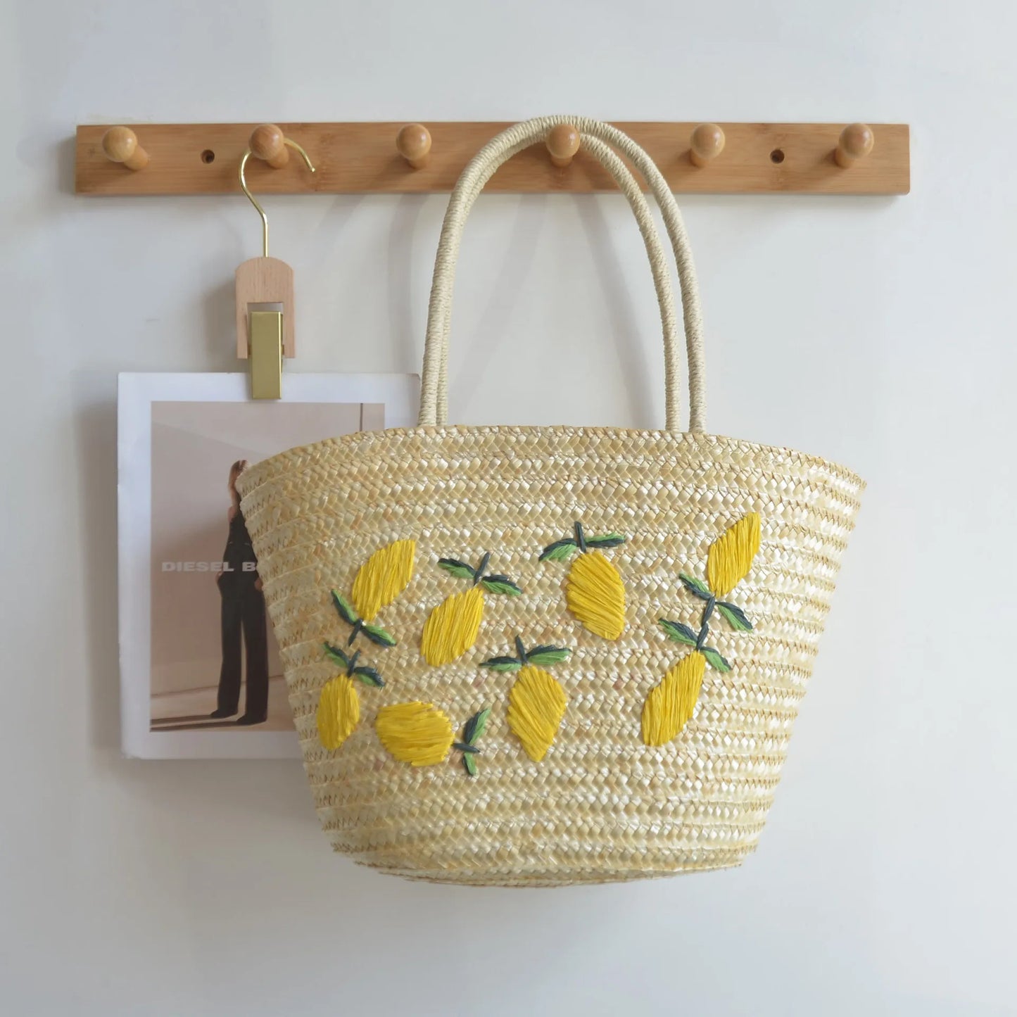 Large Capacity Summer Tote Bags For Women Lemon Pattern Embroidered Straw Bag Bohemian Beach Party Big Handbags Shoulder Bag