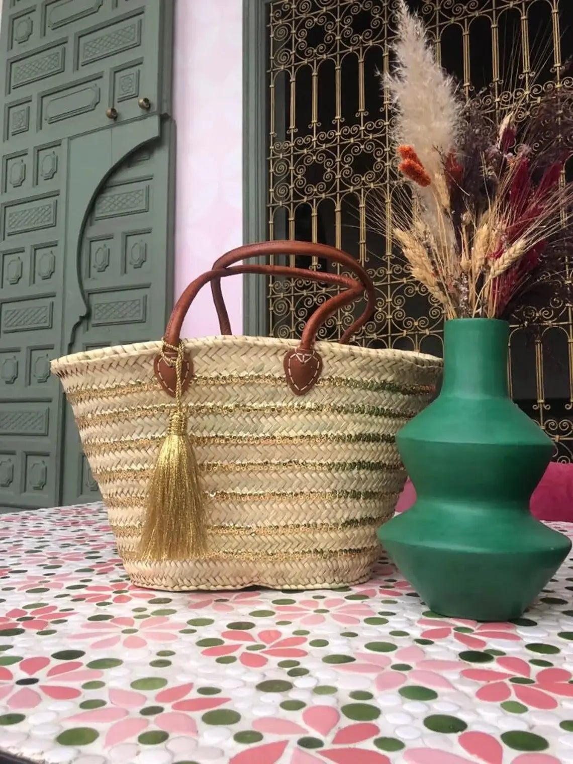 HandmadeBestSeller - Straw Basket Bag | French Basket Leather Handles | Sequins