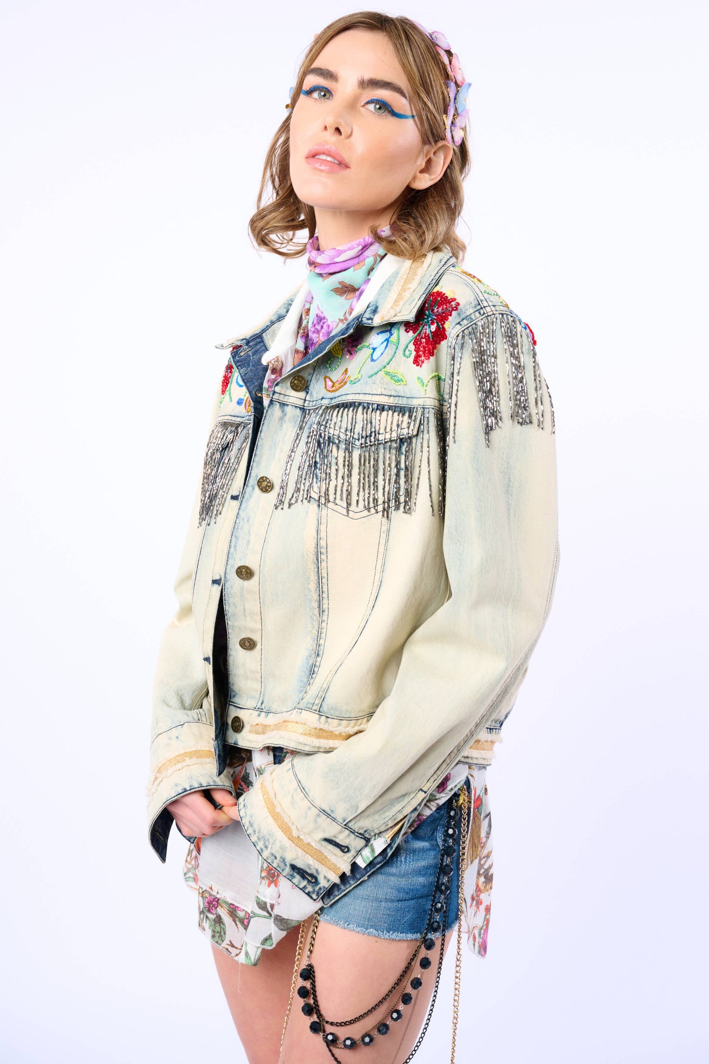 Aratta - Country Queen Embellished Denim Jacket: Washed Denim / M