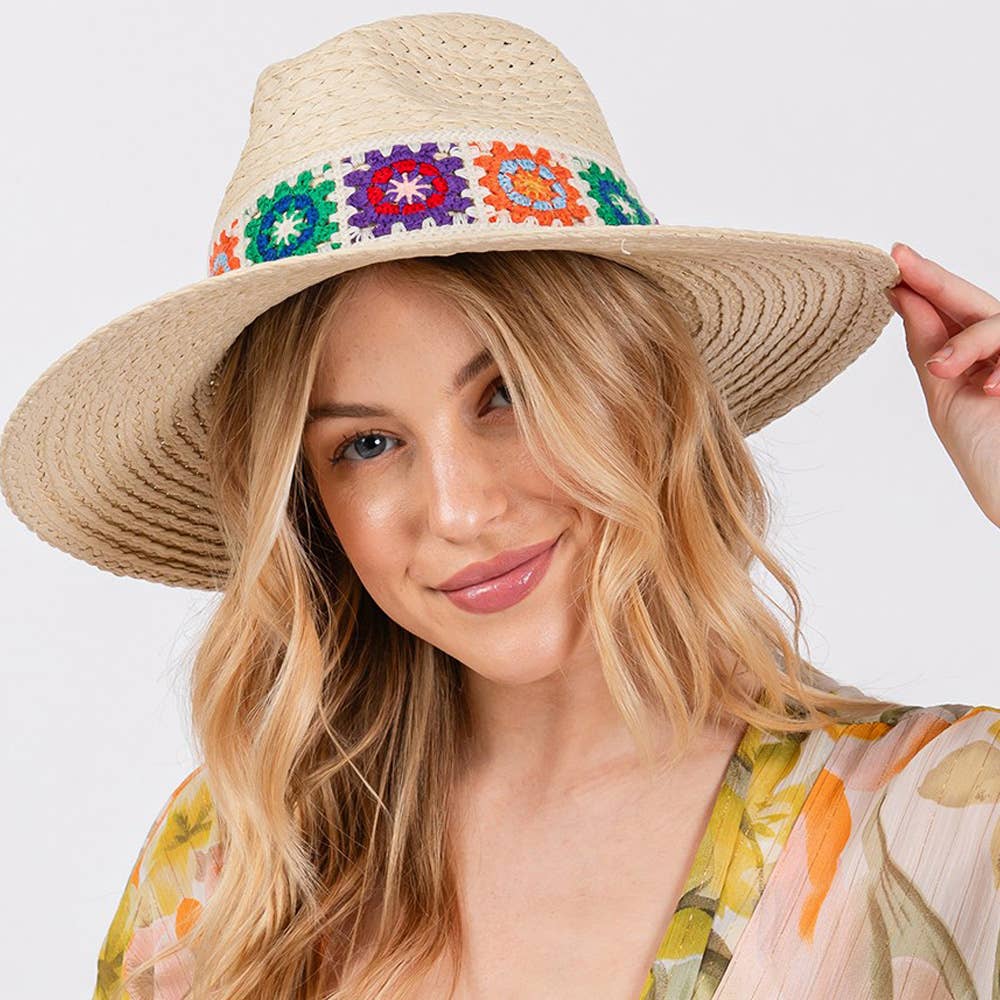 Sensibling Corp. - Floral Crochet Band Straw Hat
: White
