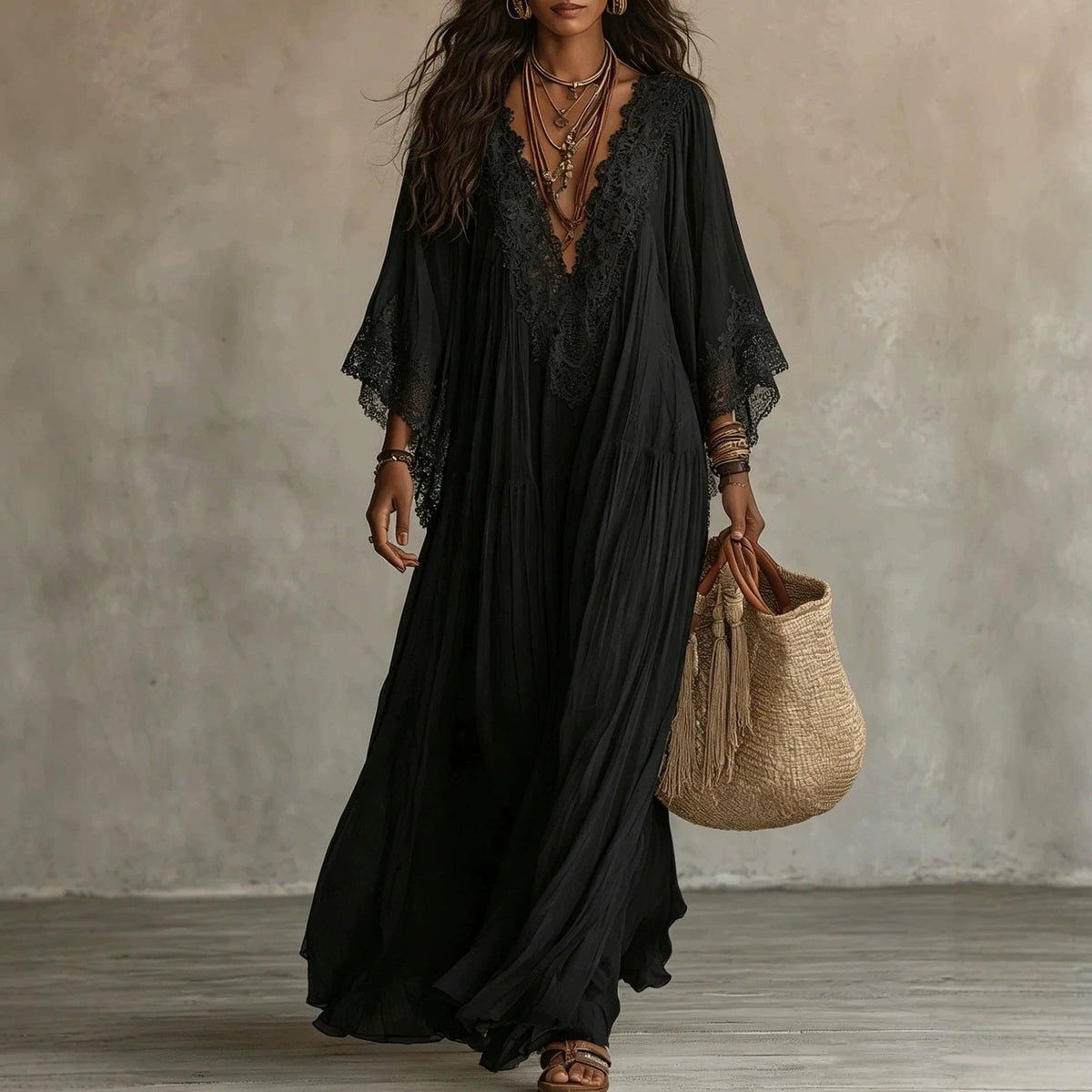 Suhkasana - Women's Boho Lace Chiffon Long Sleeve Maxi Dress: White / 100%Polyester / S