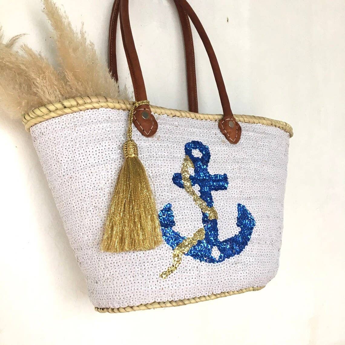 HandmadeBestSeller - Shopping Basket | Moroccan Basket Bag | Sewn Sequins