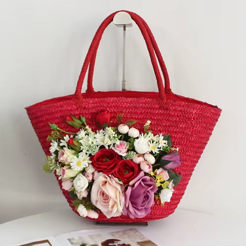 Red Rattan Flower Beach Bag Women Fashion Straw Summer Tote Multicolor Artificial Rose Lily Attached Handbag Hat Suit Vacation
