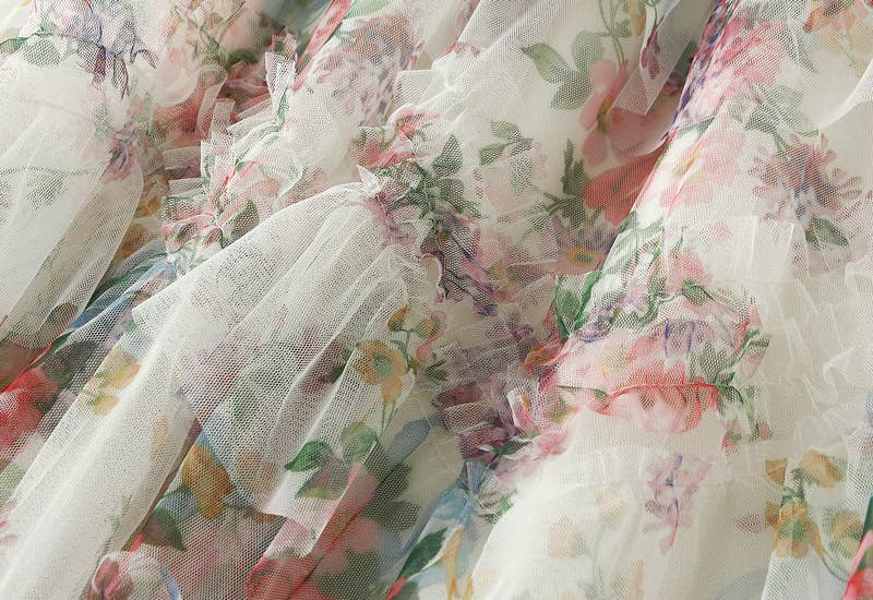 Rosa Clothing - Floral tiered midi tulle skirt: Beige / M