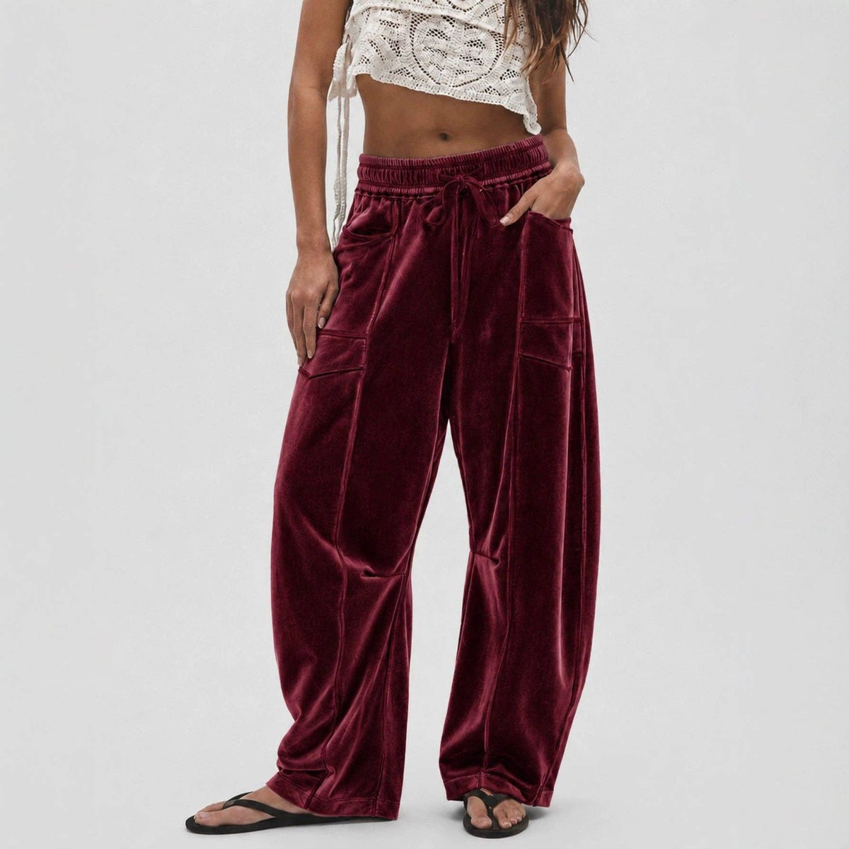 Suhkasana - Women's Velvet Wide Leg Drawstring Casual Pants: Pink / S