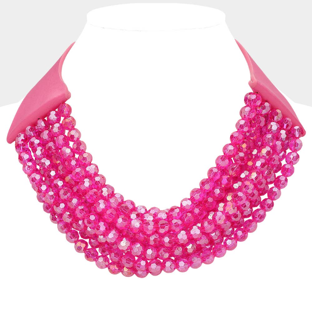 Sensibling Corp. - Chunky Acrylic Beaded Multi Layered Faux Leather Necklace: FUCHSIA