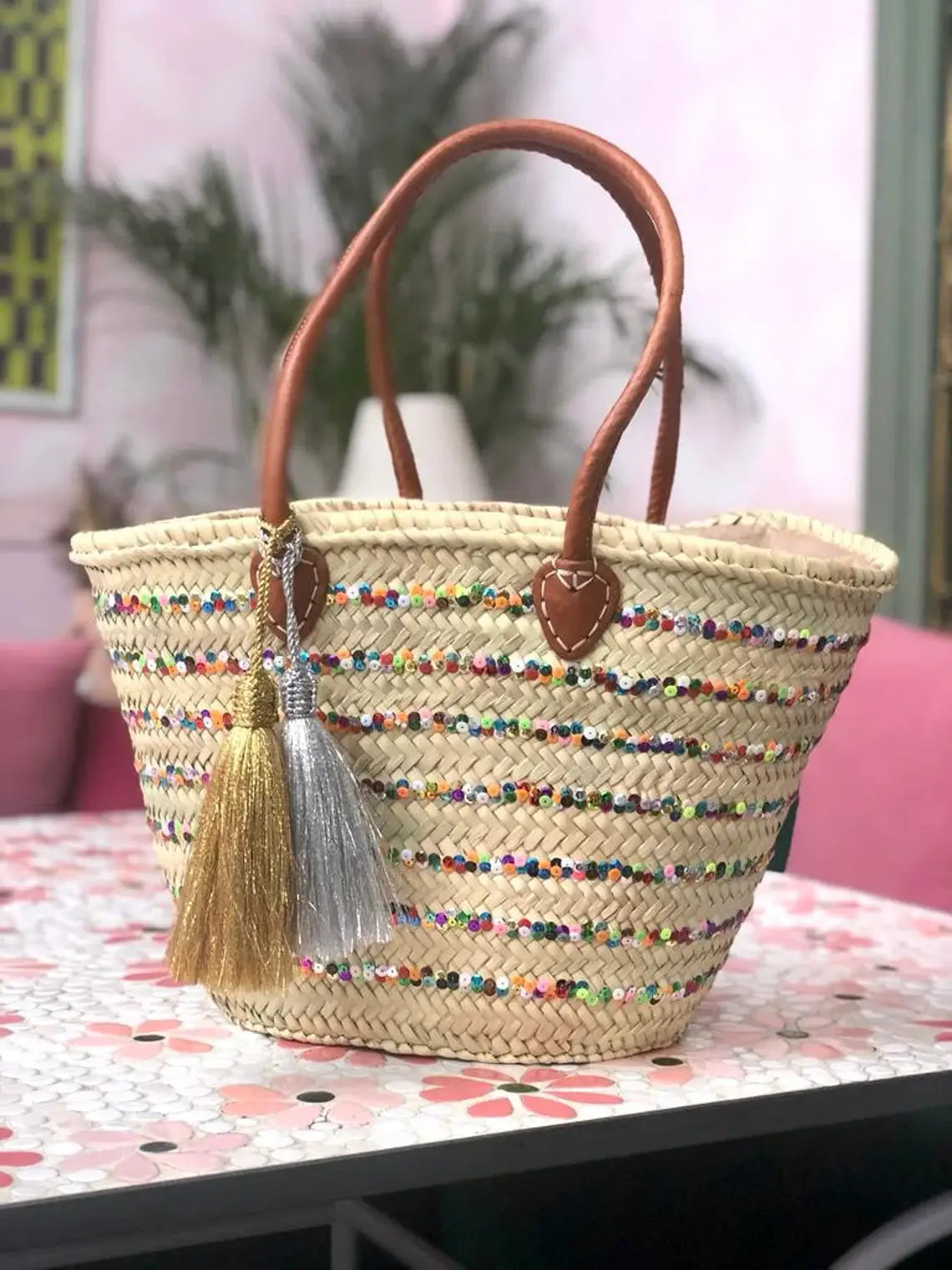 HandmadeBestSeller - Straw Basket Bag | Sequins | French Basket Leather Handles