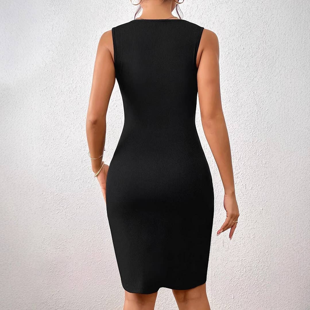UNISHE - Color Block Asymmetrical Sleeveless Bodycon Dress ZK2717: Black / M