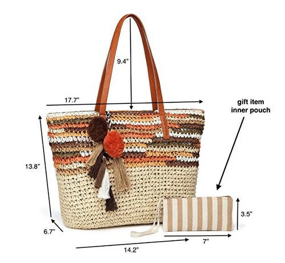 Large Straw Beach Tote Bag for Women with Pom Poms and Inner Pouch -Vegan Leather Handles (Brown Multi Color)