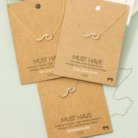 Fame Accessories - Gold Dipped Pave Wave Pendant Necklace: G