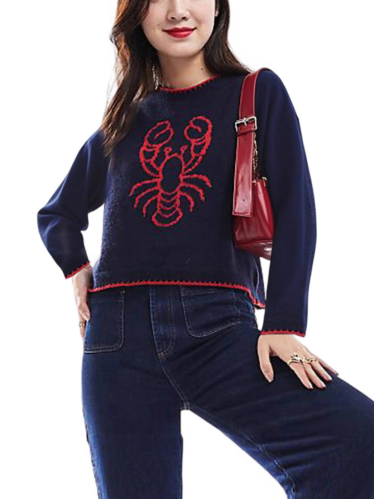 Lily Clothing - Lobster jacquard round-neck pullover sweater: DARKBLUE / (M) 1