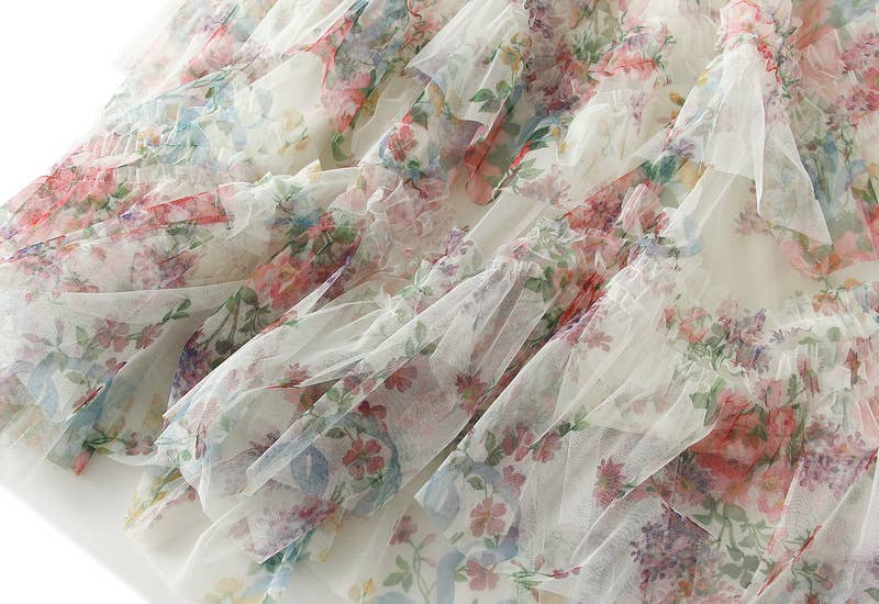 Rosa Clothing - Floral tiered midi tulle skirt: Beige / M