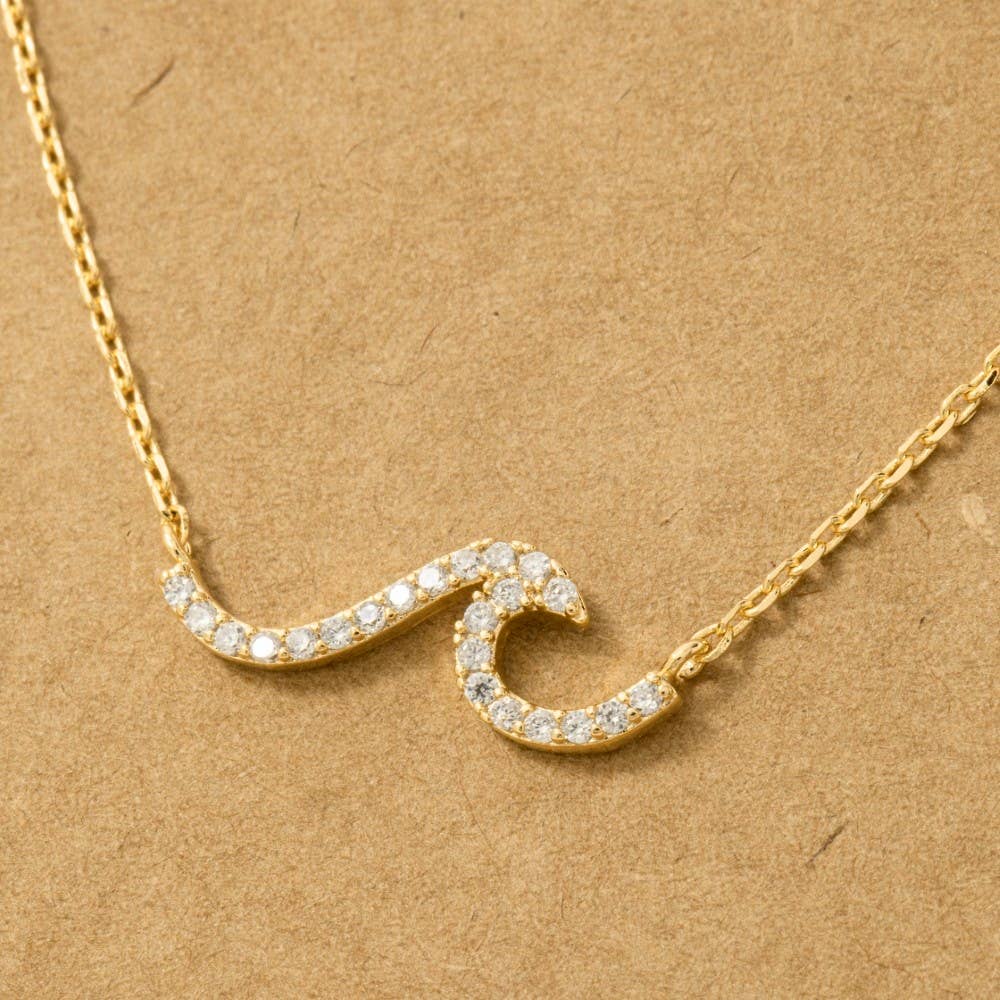Fame Accessories - Gold Dipped Pave Wave Pendant Necklace: R