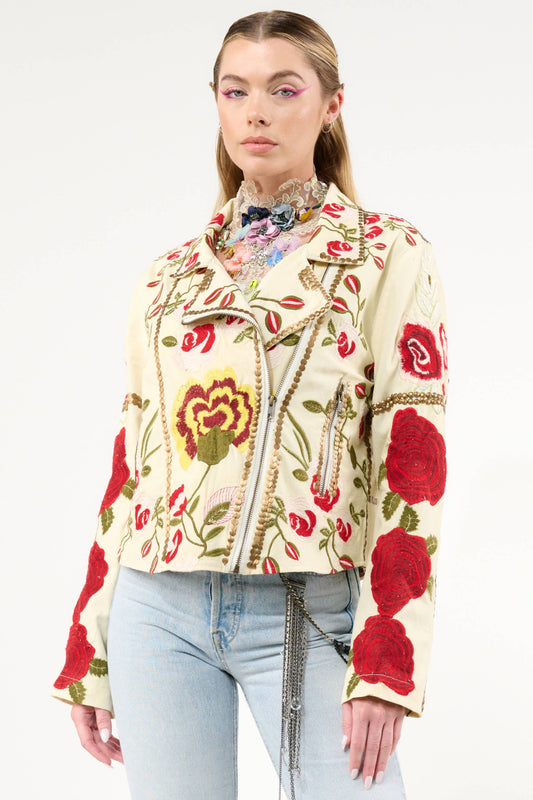 Aratta - Carmen Embroidered Denim Motorcycle Jacket: Ivory / M