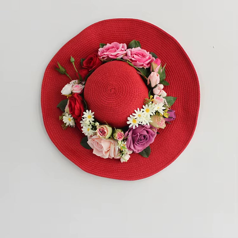 Red Rattan Flower Beach Bag Women Fashion Straw Summer Tote Multicolor Artificial Rose Lily Attached Handbag Hat Suit Vacation