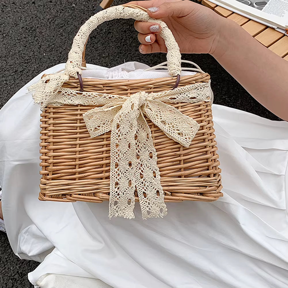 2023 Women Straw Bags and Handbags Summer Rattan Handmade Tote Bags Ladies Ribbonssummer Beach Basket Bag Pearl Beads Travel Bag
