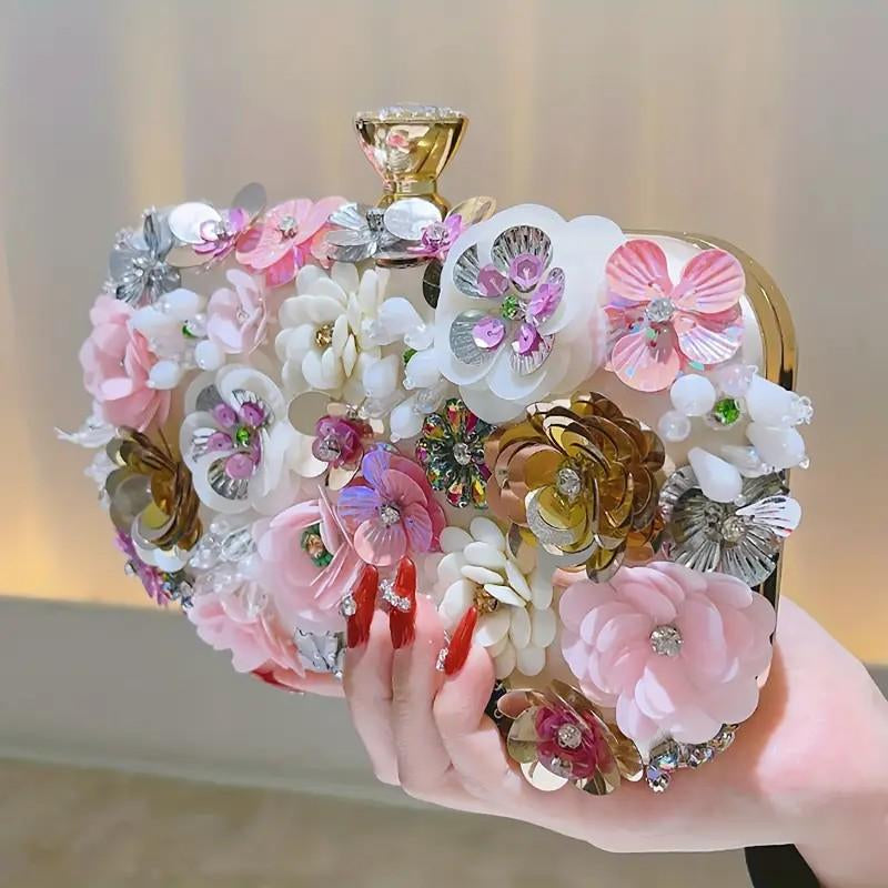 Flower Decor Shoulder Bag-Faux Pearl Clutch for Cheongsam,Ladies Handbag,Bridesmaid Purse & Sequin Beaded Party Bag-Elegant Designer Handbags