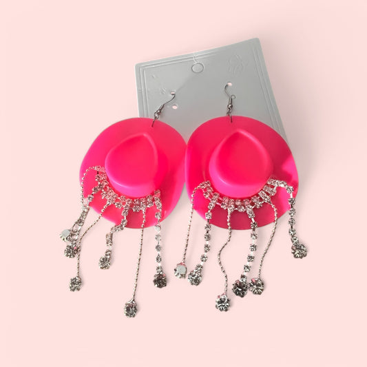 Pink and Silver Dangle Cowboy Hat Earrings