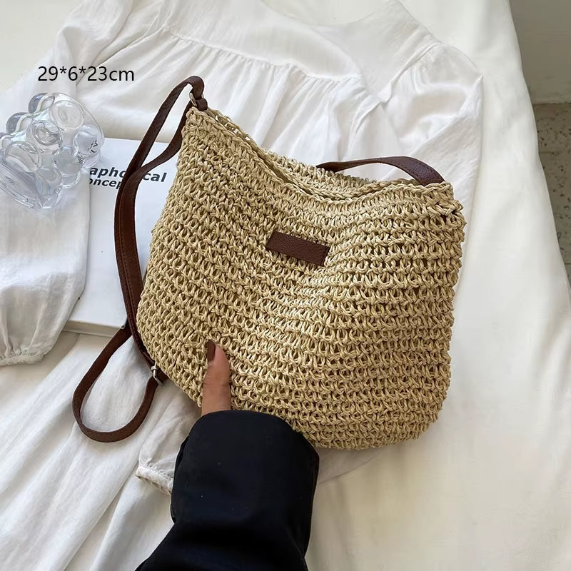 Woven Rattan Bag round Straw Shoulder Bag Small Beach Handbags Women Summer Hollow Handmade Messenger Crossbody Bags