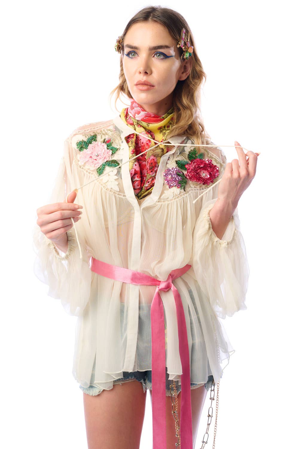 Aratta - Amora Chiffon Hand - Embellished Blouse / Top : Ivory / M