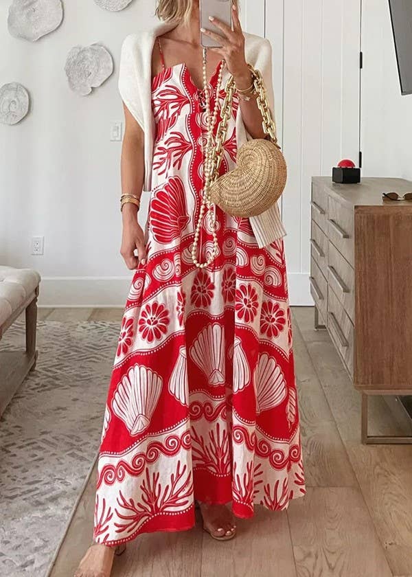 Rosa Clothing - Resort Style Sea Creature Print Slip Dress: Red / M