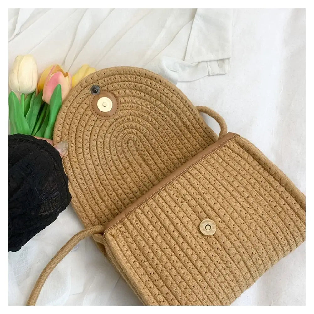 Simple Hollow Weave Straw Bag Beach Handbag Bohemian Style Beach Bag Cotton Rope Large Capacity Raffia Shoulder Bag Travel