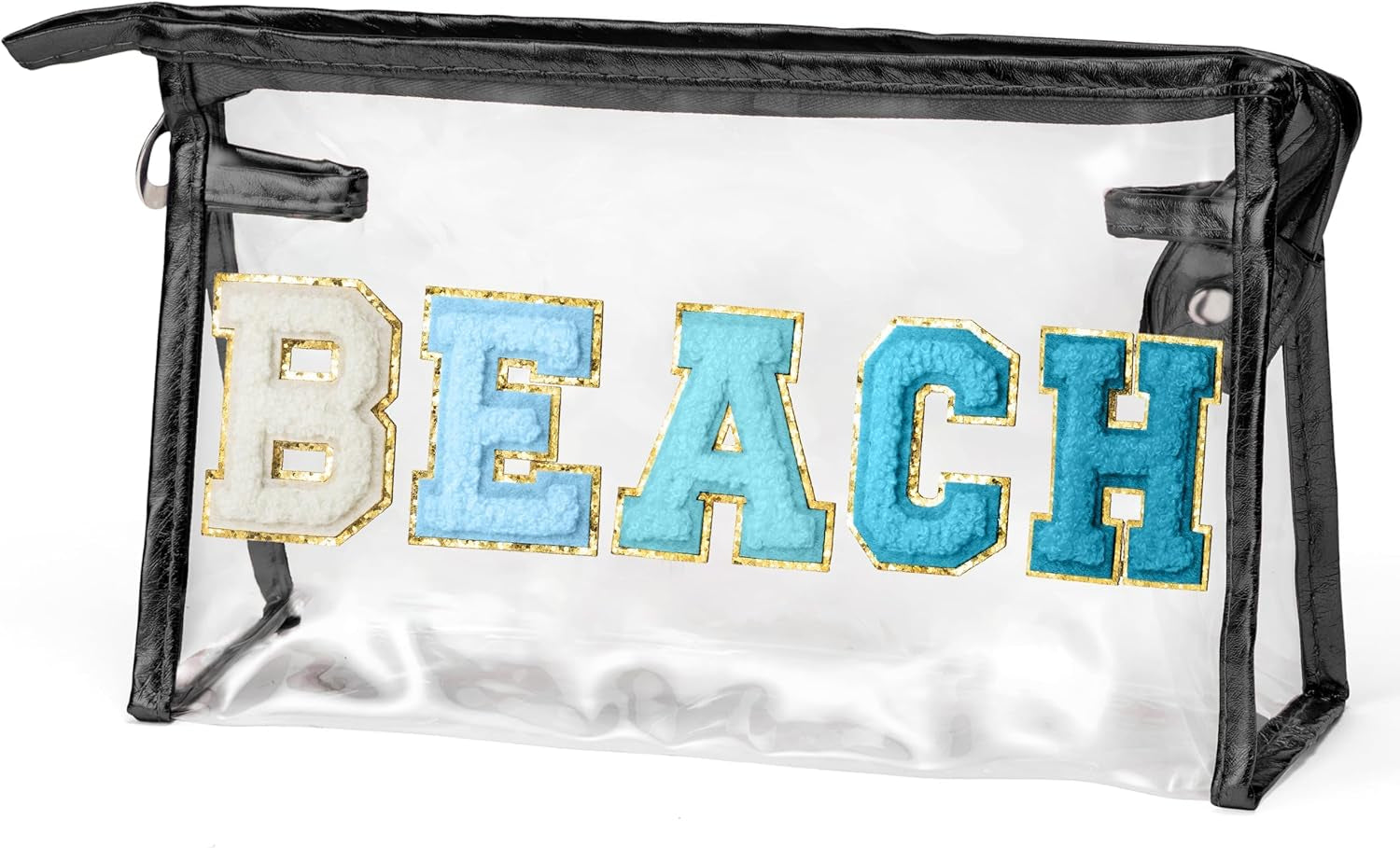 Preppy Patch Cosmetic Bag - Summer Beach Chenille Varsity Letter Clear Toiletry Bag, Aesthetic Waterproof Portable Clutch Pouch for Women and Girls (Gradient Blue)