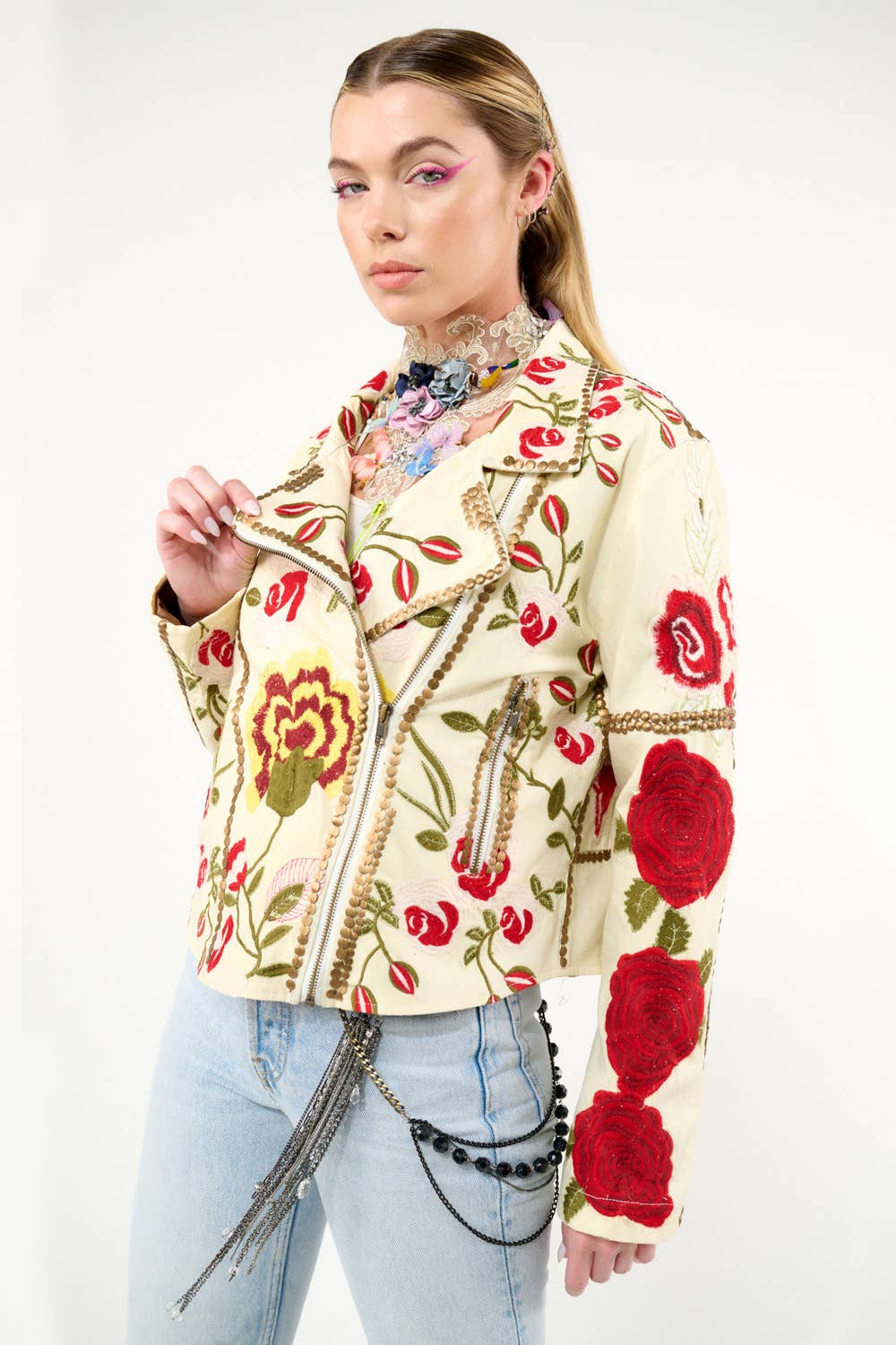 Aratta - Carmen Embroidered Denim Motorcycle Jacket: Ivory / M