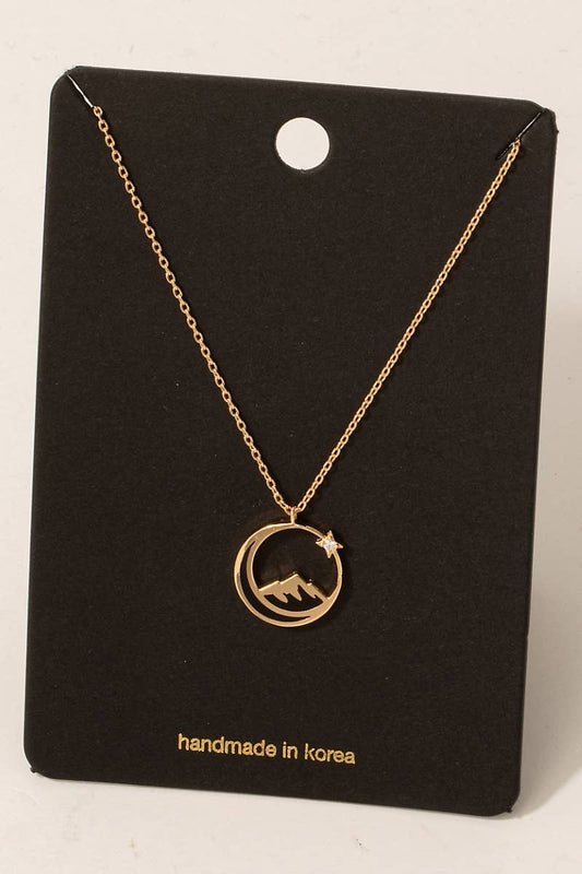 Fame Accessories - Enamel Moon Mountain And Cz Star Pendant Necklace: BK
