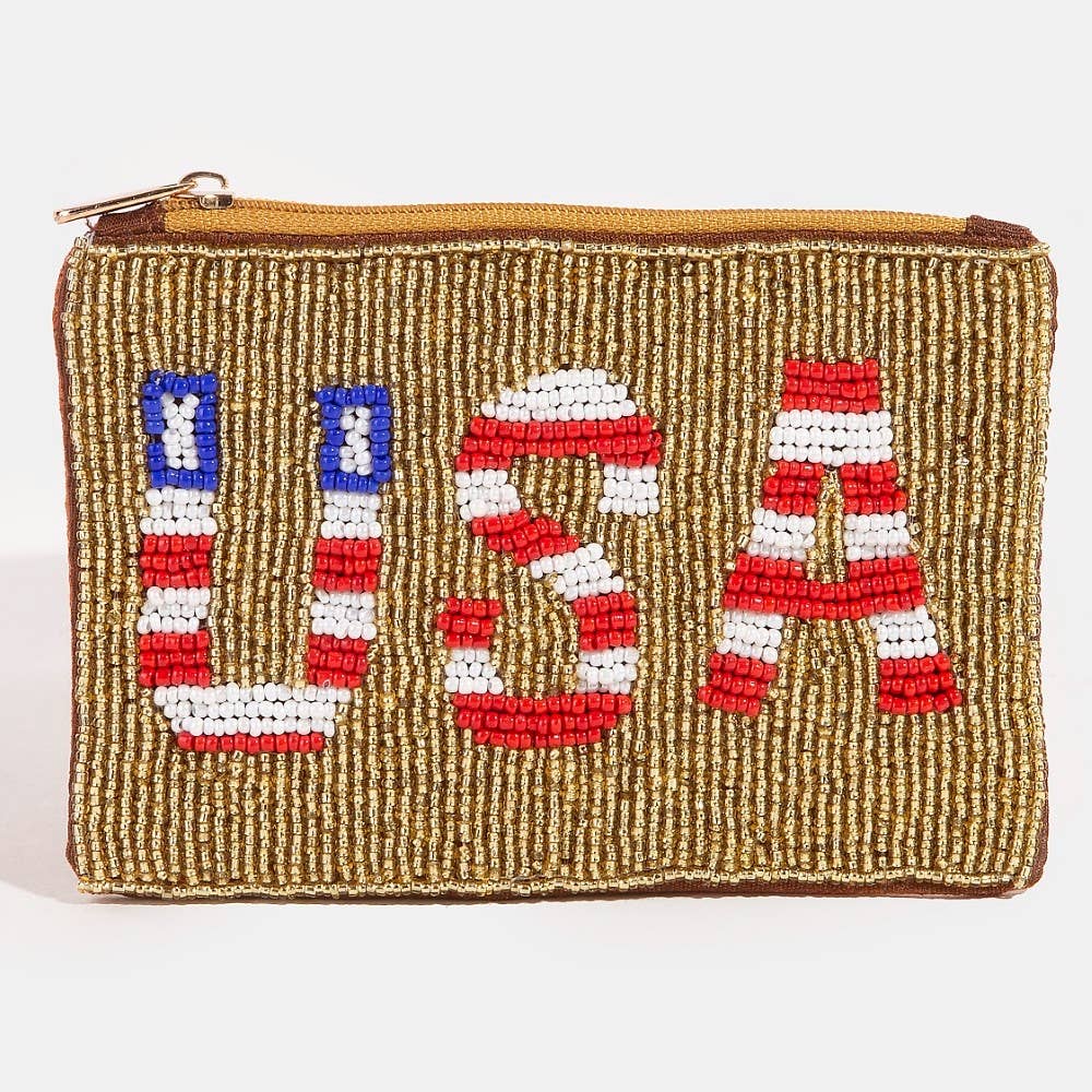 Collections by Fame Accessories - Usa Theme Golden Seed Beaded Coin Purse: MULTI