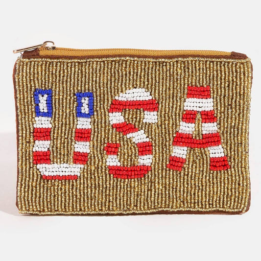 Collections by Fame Accessories - Usa Theme Golden Seed Beaded Coin Purse: MULTI