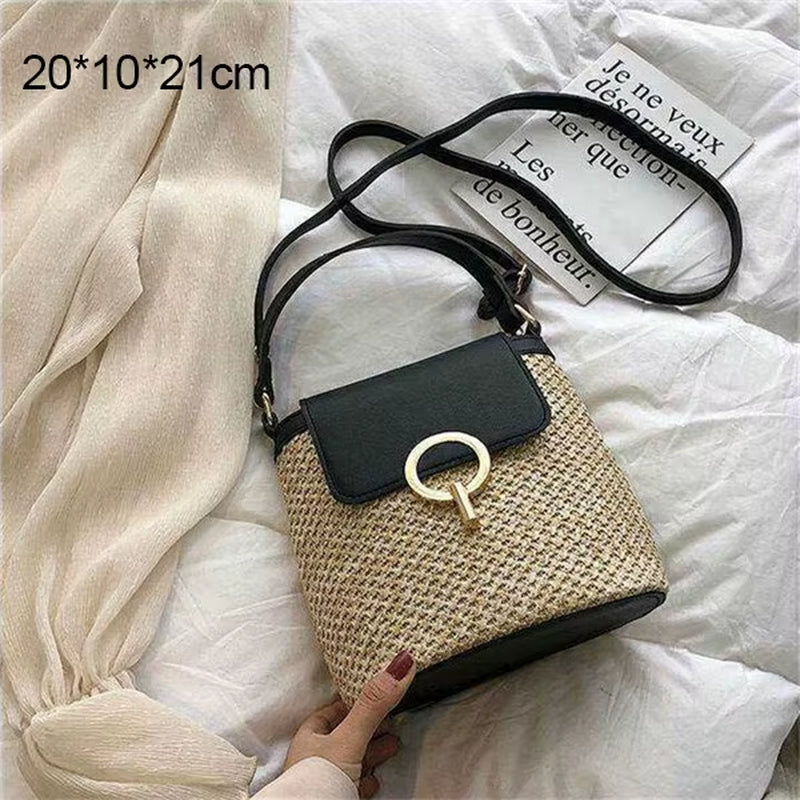 Woven Rattan Bag round Straw Shoulder Bag Small Beach Handbags Women Summer Hollow Handmade Messenger Crossbody Bags