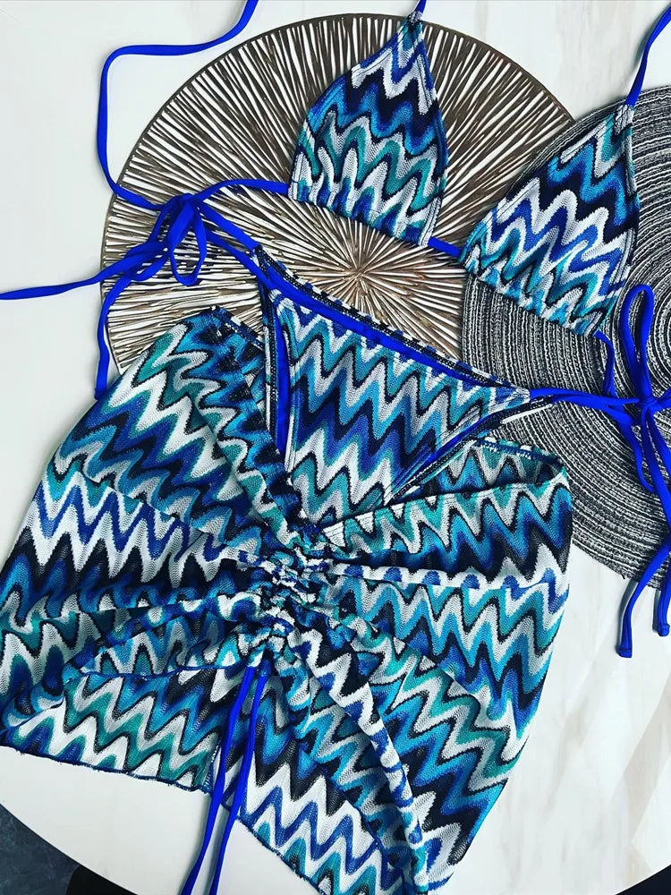 Women Swimsuit Colored Maple Leaves Knitted Bikini Skirt Three-Piece Set Split Swimsuit Bikini