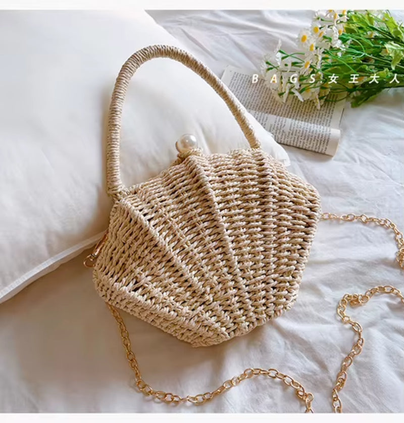 Shell Rattan Straw Woven Diagonal Cross Small Bag, Cute Fairy Change, Mobile Phone, Fashionable Woven Beach Bag