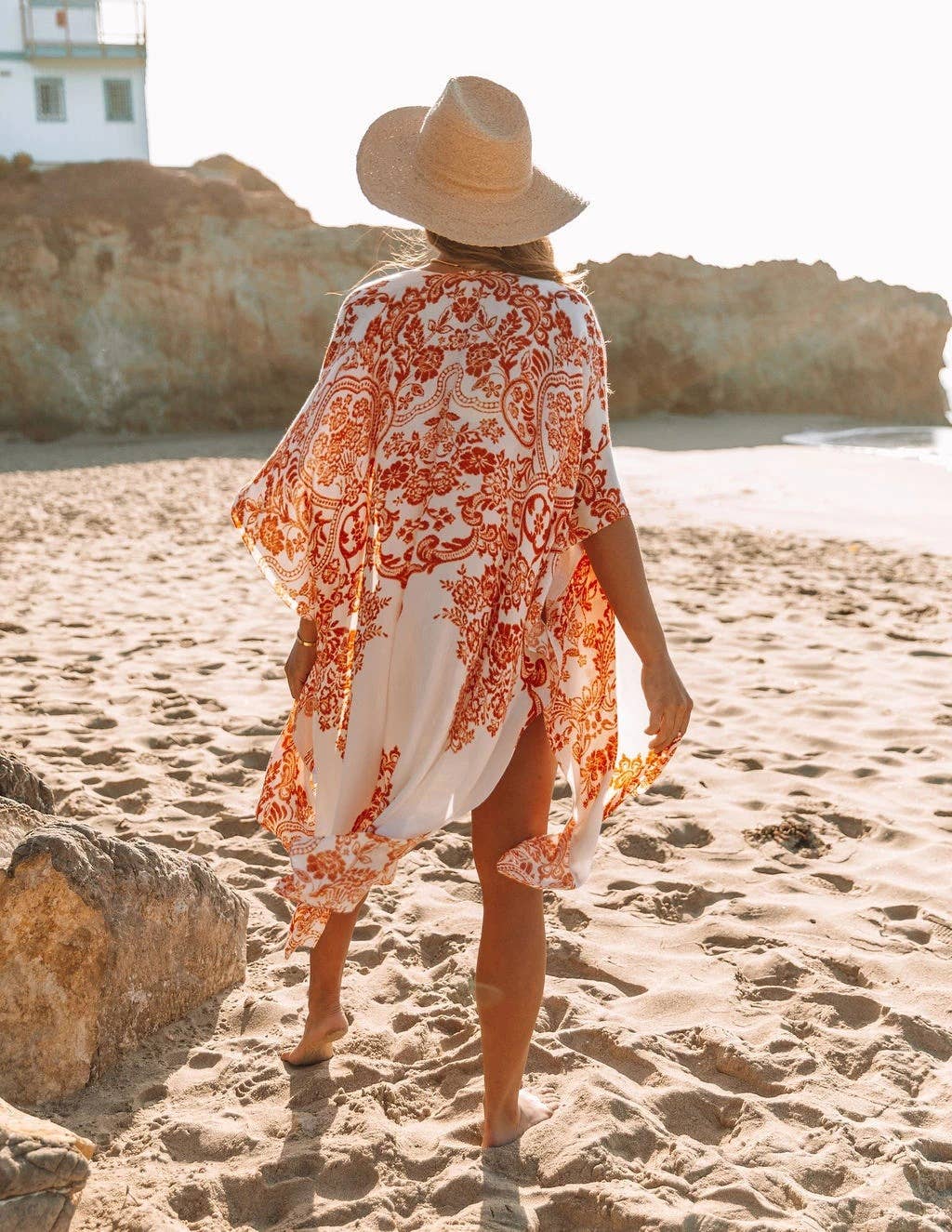 HIDDENBRAND - Long Slit Chiffon Print Beach Coverup: Orange / M