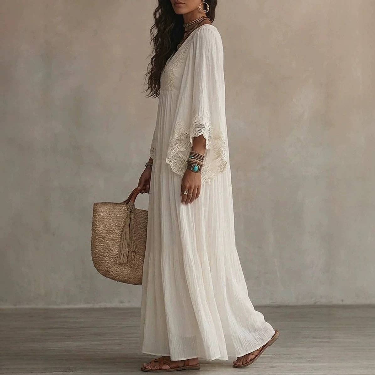 Suhkasana - Women's Boho Lace Chiffon Long Sleeve Maxi Dress: White / 100%Polyester / S