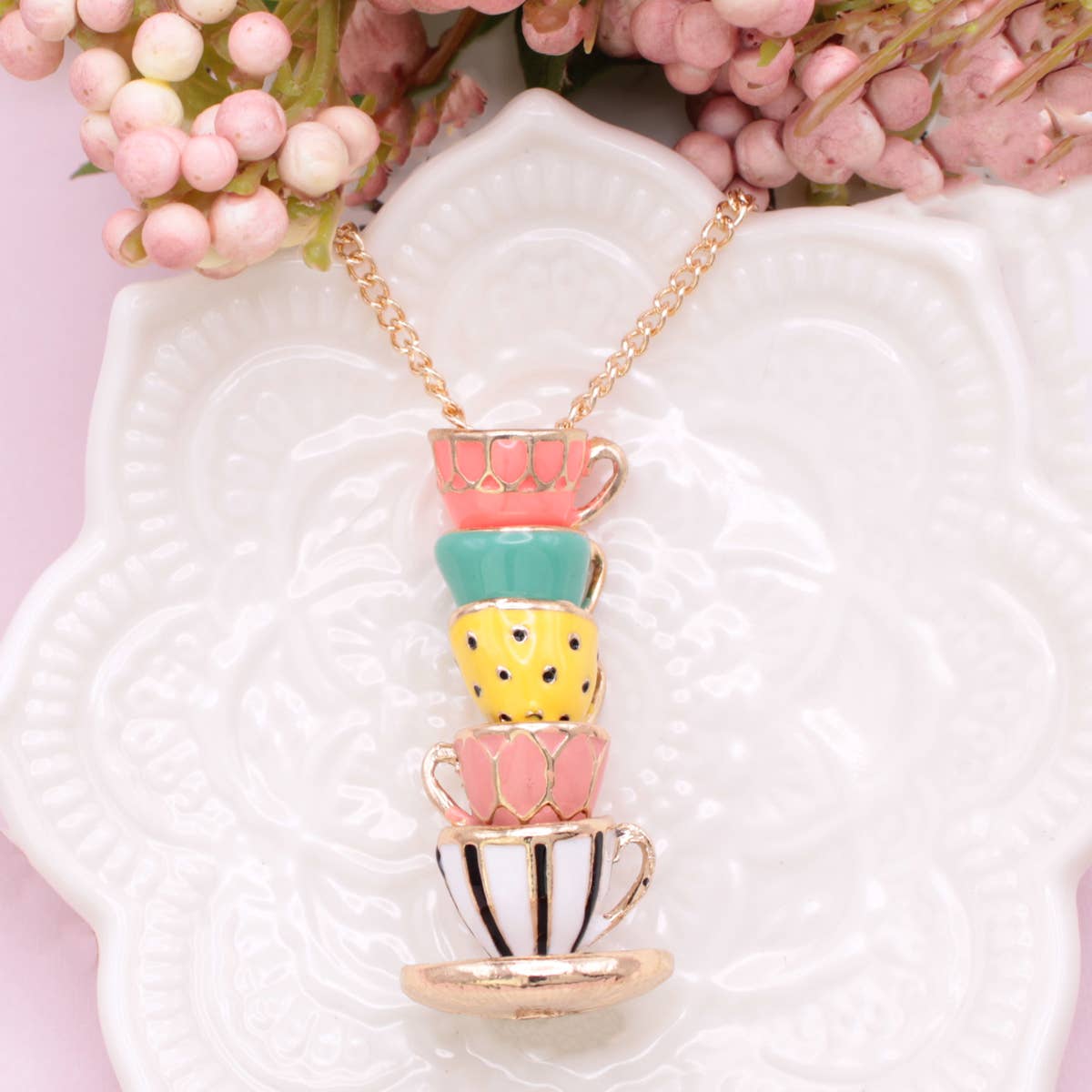 ZAD - Mad Hatter Pastel Teacup Stack Gold Necklace