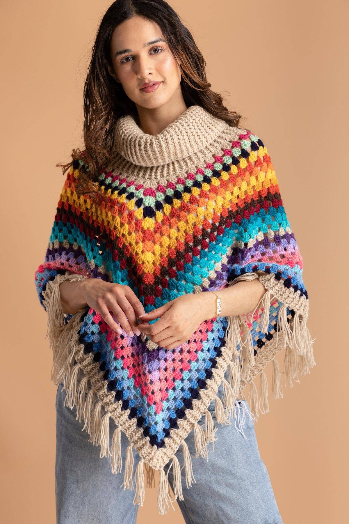 SAACHI - Rainbow Crochet Turtleneck Sweater Poncho