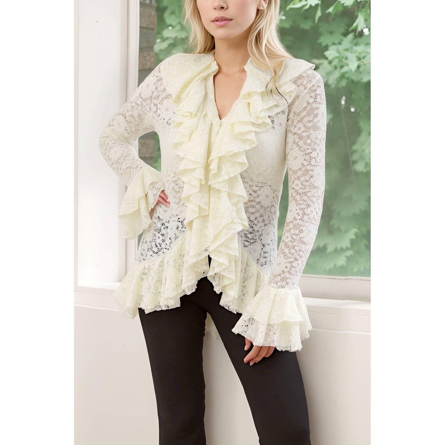 XHHH Inc - Ruffle Lace Flare Sleeve Blouse: BEIGE / S