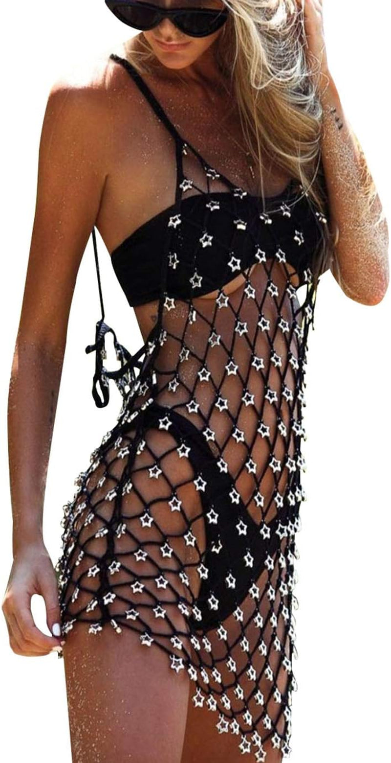 Women'S Mesh See through Hollow Fishnet Mini Skirts Beach Bikini Dresses Croche Wrap Cover up for Swimwear(Black,L)