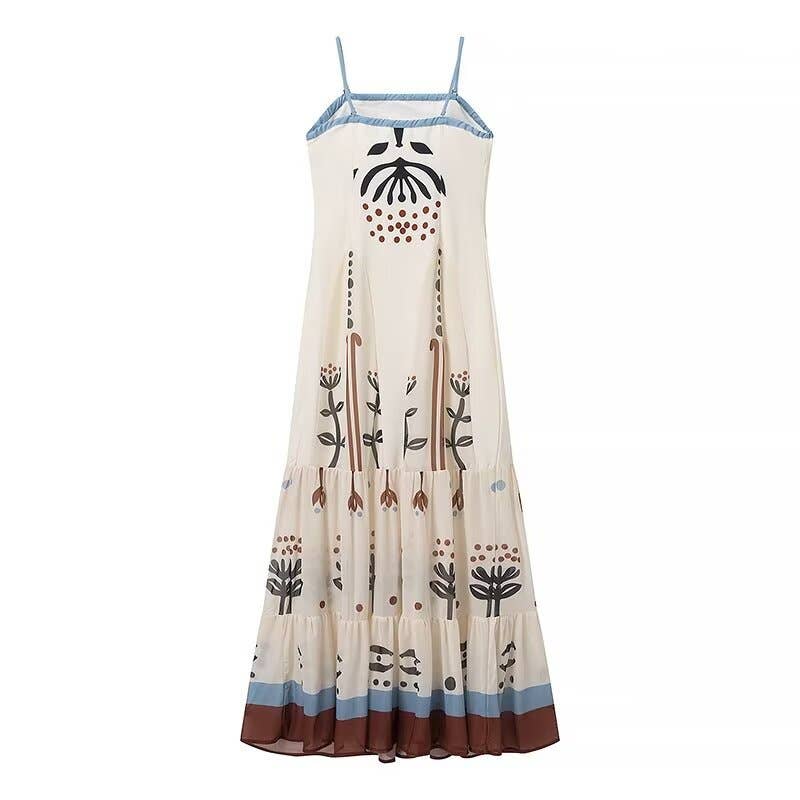 Rosa Clothing - Strappy Tulle midi dress with multicolor flowers print: Beige-R / M