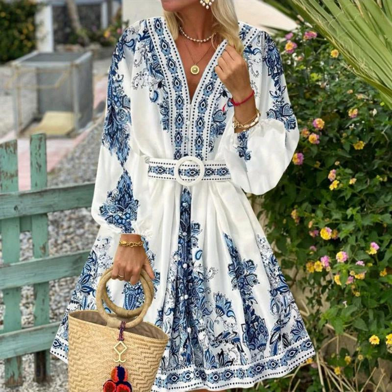 Women'S Fashion V-Neck Long Sleeve Bohemian Print Dress, Comfortable and Elegant, Perfect for Various Occasions, Showcasing Unique Charm