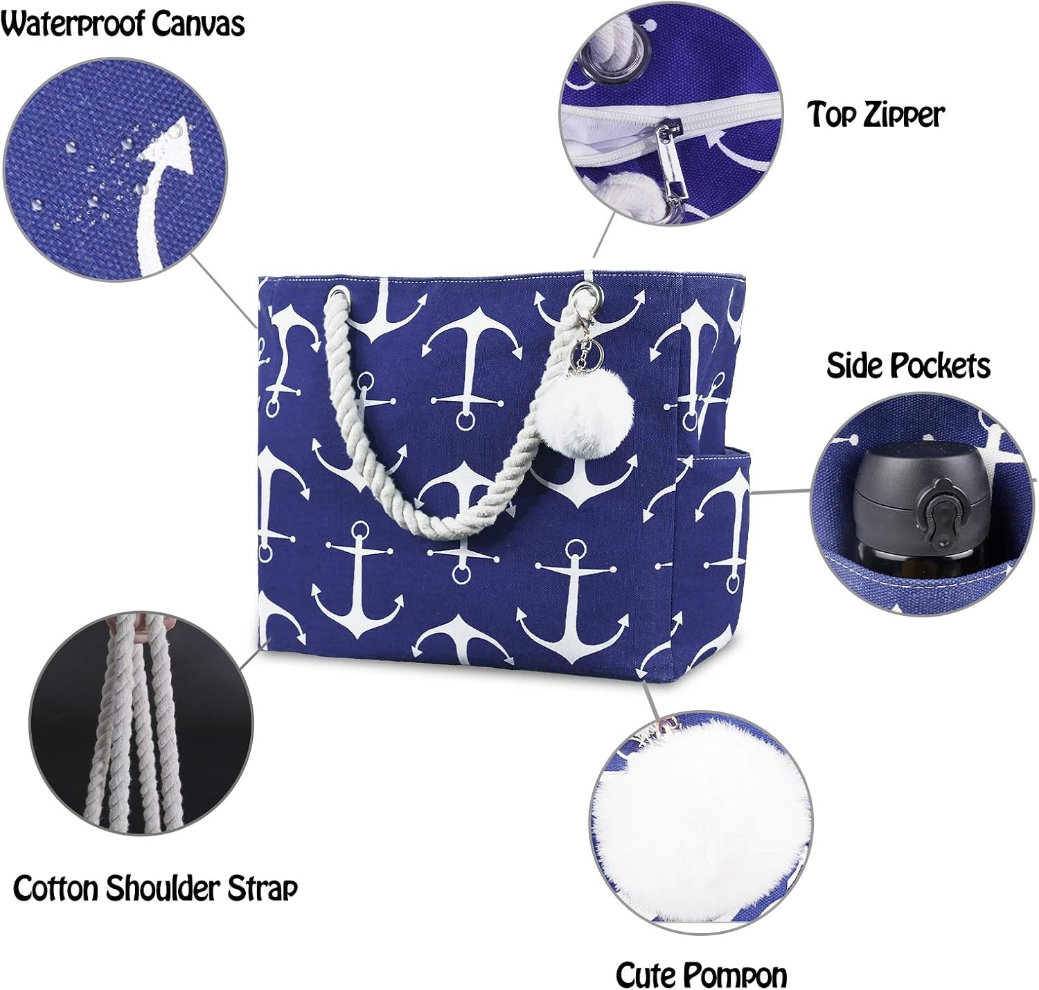 Women Large Beach Canvas Tote Bag with Zipper Pockets for Swim Pool Gym Hiking Picnic Travel