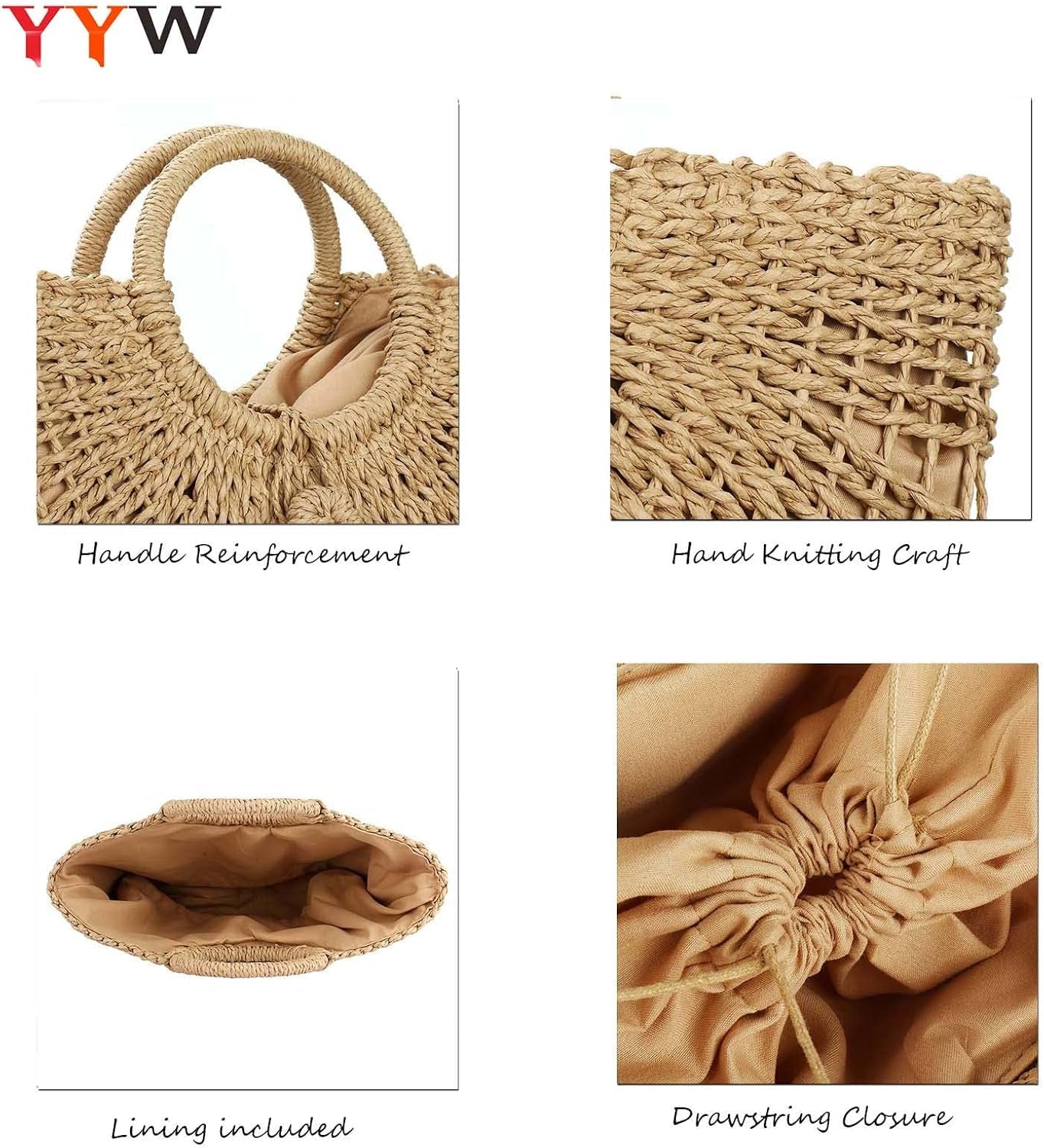 Straw Bags for Women,Hand-Woven Straw Top-Handle Bag with round Ring Handle Summer Beach Rattan Tote Handbag