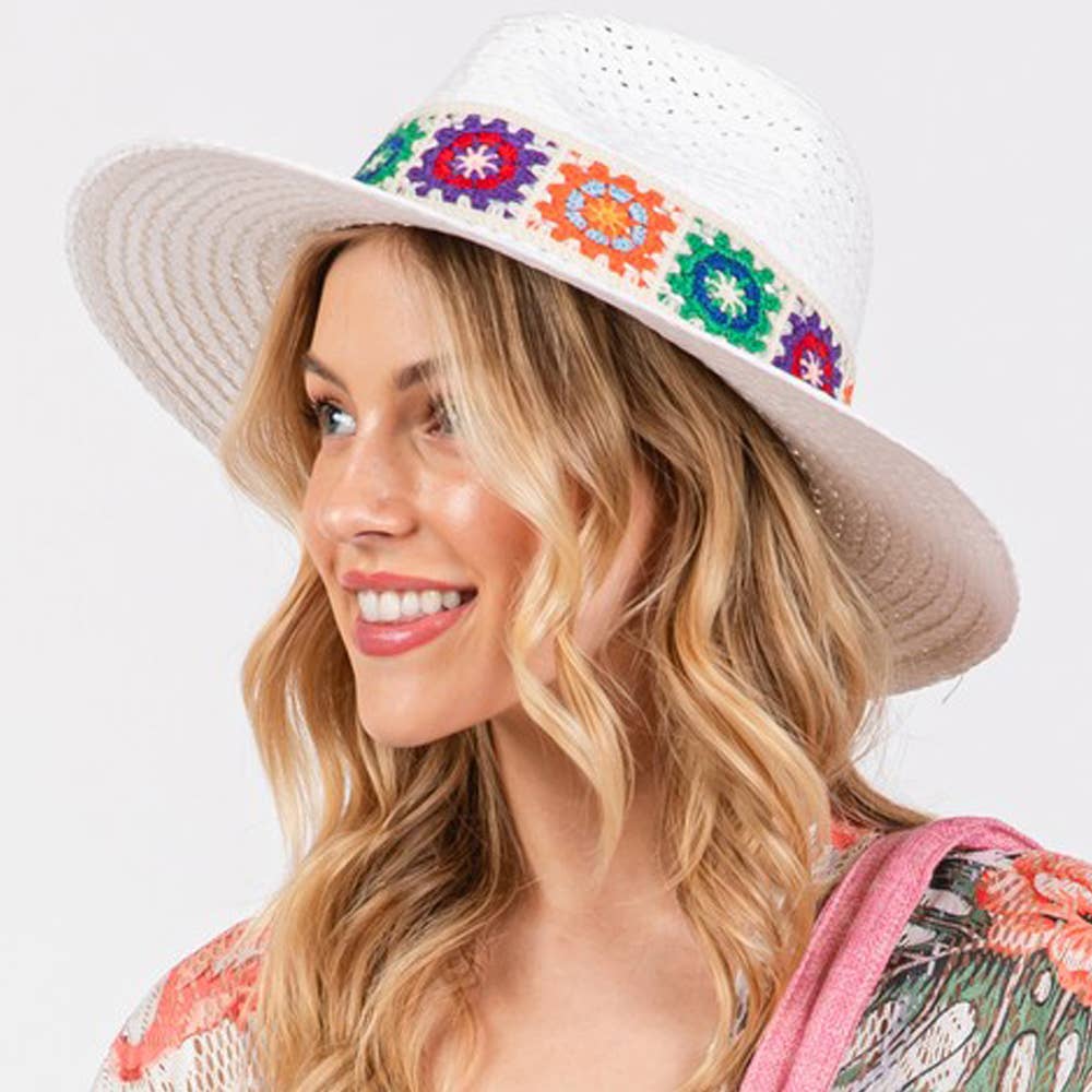 Sensibling Corp. - Floral Crochet Band Straw Hat
: White