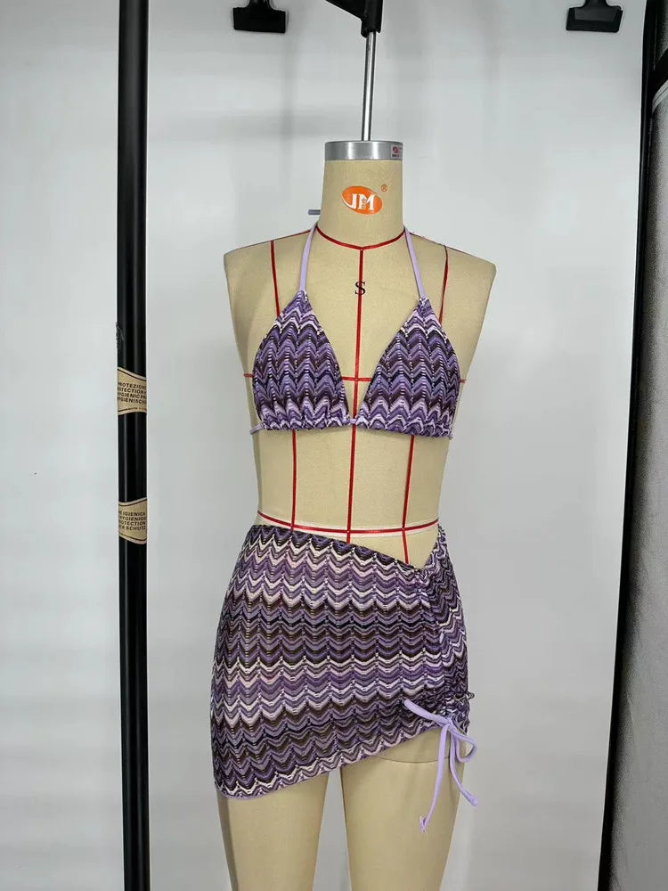 Women Swimsuit Colored Maple Leaves Knitted Bikini Skirt Three-Piece Set Split Swimsuit Bikini